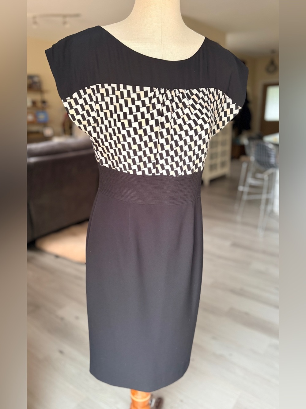 White House Black Market Silk Bodice Black and White Geometric Midi Dress